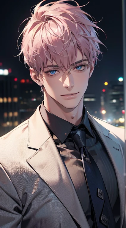 (Highest quality,4K,8K,High resolution,masterpiece:1.2),Super detailed,(Realistic,photoRealistic,photo-Realistic:1.37),1 person,31 years old,Mature Men,Beautiful skin、very handsome,Expressionless,smile,Short gray pink hair,blue eyes,Sharp Eyes,A perfect face without a doubt,Businessman,Office Background,Cinema Lighting,HDR image,tie、