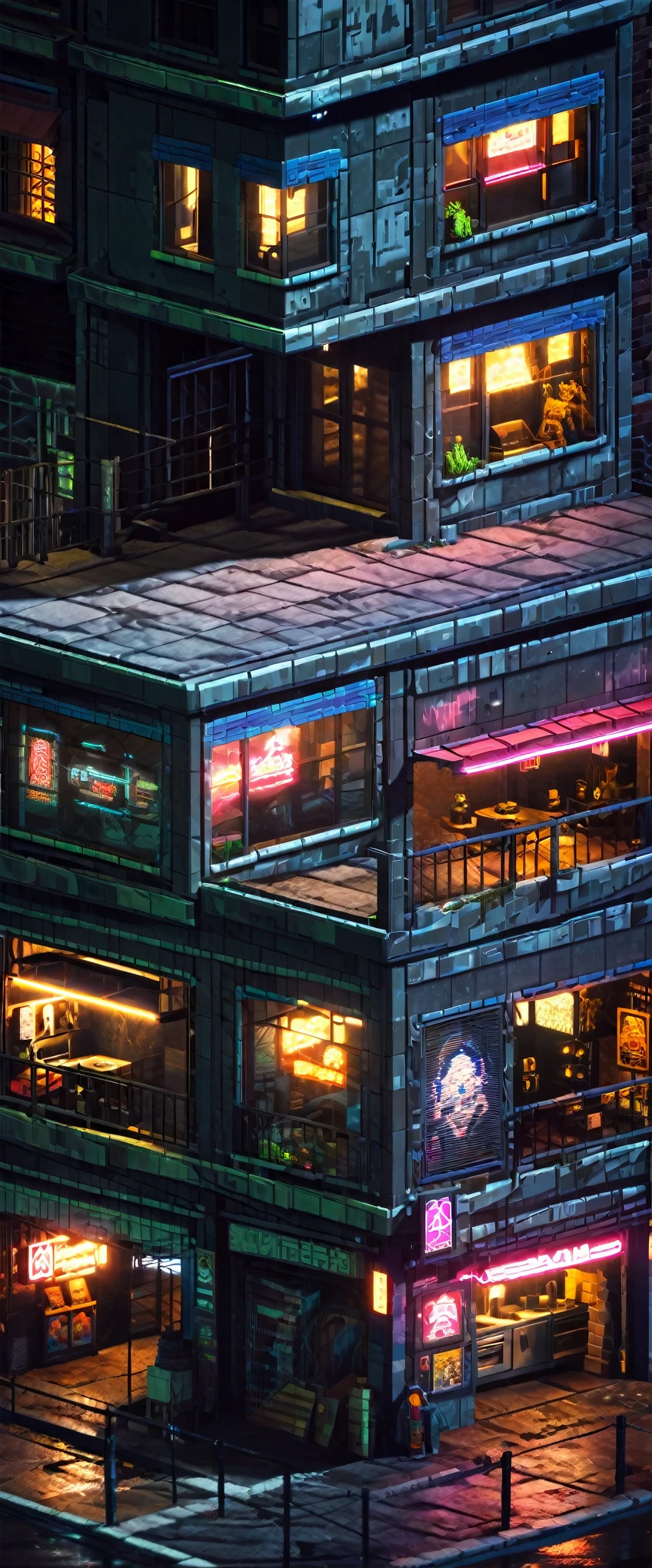 8k, masterpiece, best quality, hyper detailed, pixelart, dystopian cyberpunk city, metroidvania game map, intricate architecture, neon lights, gritty atmosphere, dark moody colors, detailed futuristic landscape, abandoned buildings, rusted metal textures, moody lighting, complex environmental details, intricate pixel art style, cinematic composition, dramatic shadows, rain effects