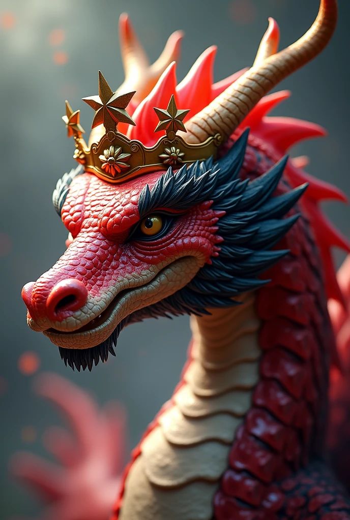 A tricolor dragon (rot, black andwhite) who has a crown with three golden stars on his head, he has a great presence. Imagem 8k Full HD realista com degradê
