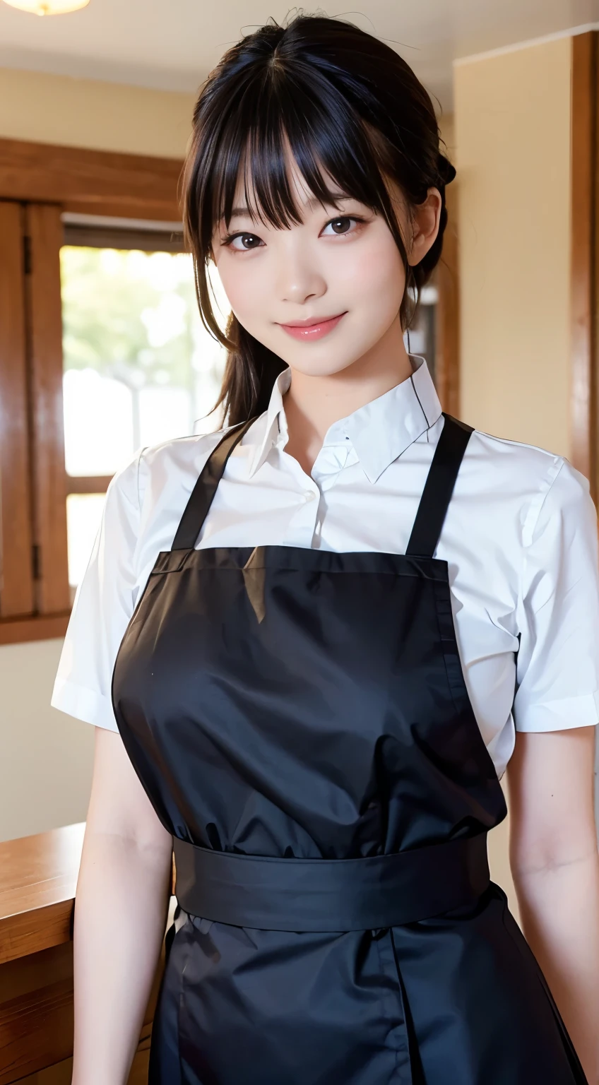 (Highest quality,masterpiece:1.3,Ultra-high resolution,),(Very detailed,Caustics),(Realistic:1.4,RAW shooting,)Ultra-Realistic Capture,Very detailed,High resolution 16K human skin closeup。 Natural skin texture、,pores、、、、It must be detailed enough to be easily identifiable。 Skin tone is even and healthy looking。 Use natural light and colour,restaurant,Waitress Uniform,1 girl,Japanese,18-year-old,cute,Black-haired,ponytail,Big Breasts,smile,Turn your body forward,(Front view:1.1),Looking into the camera,Cowboy Shot,
