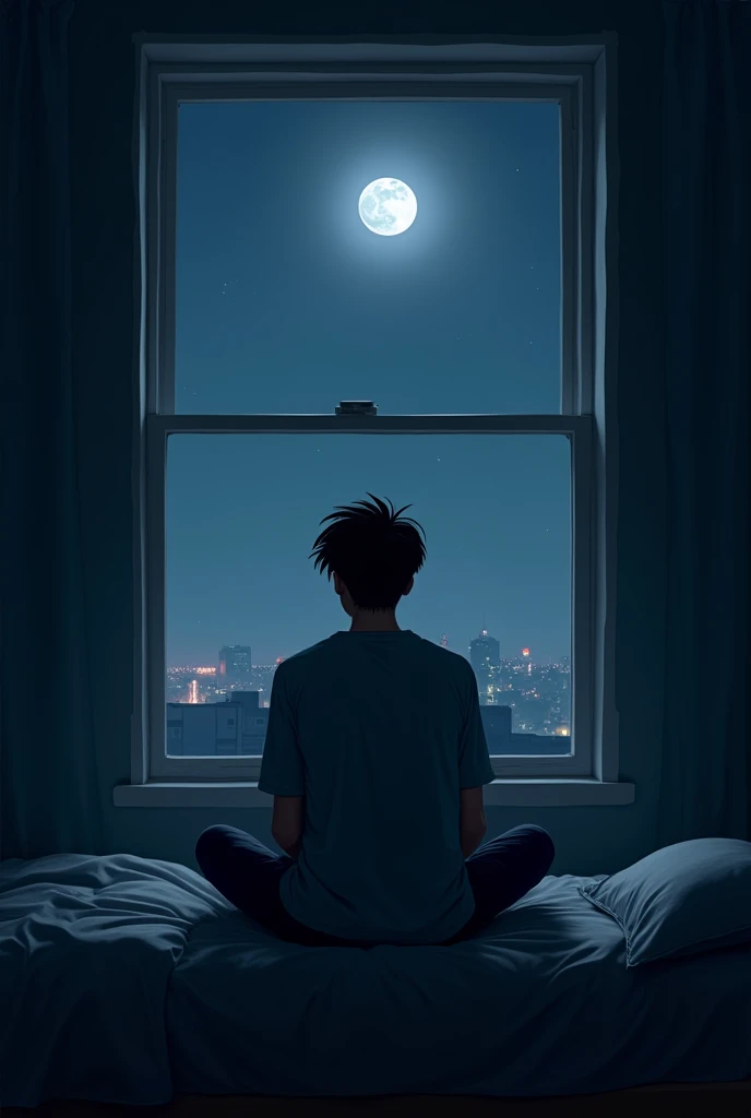 a young man sitting on his bed, In the dark and on the roof he sees his whole life pass by.