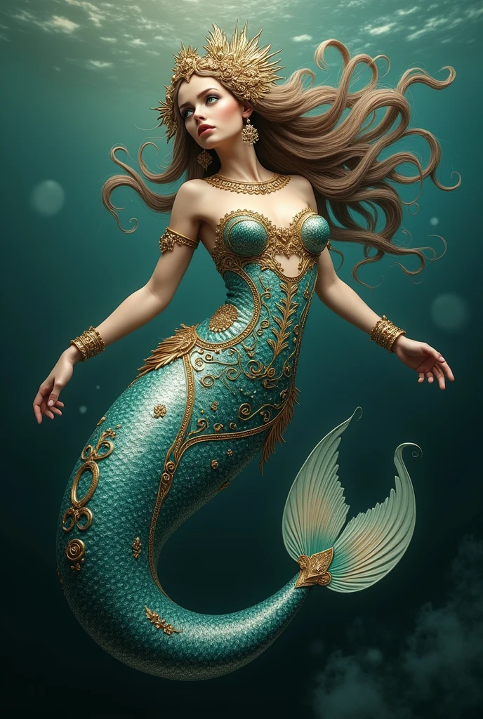 Hello, can you help me create a hyperrealistic mermaind, based on the style of steampunck, Fabergé and art Nouveau, photorealistic, UHD 16K, thanks
