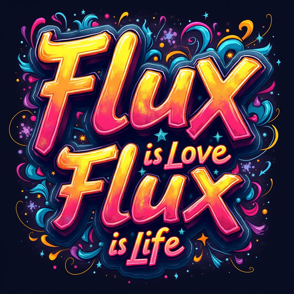 Vibrant, high-fashion photography featuring a bold, streetwear-style graphic that masterfully intertwines vibrant graffiti art, set against a backdrop modern neon Art style, with the phrase "Flux is Love, Flux is Life" emblazoned in 3D, metallic, graffiti-style lettering, adorned with intricate, swirling patterns, with a predominantly dark, bright color palette punctuated by flashes of neon Reds, electric blues, and sunshine yellows, 