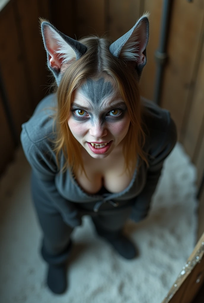 A angry 18 year old Russian girl wearing a realistic cat costume standing in a litter box with white gravel shot from above as she looks at the camera. Big breasts. Wearing cat makeup . Fangs
