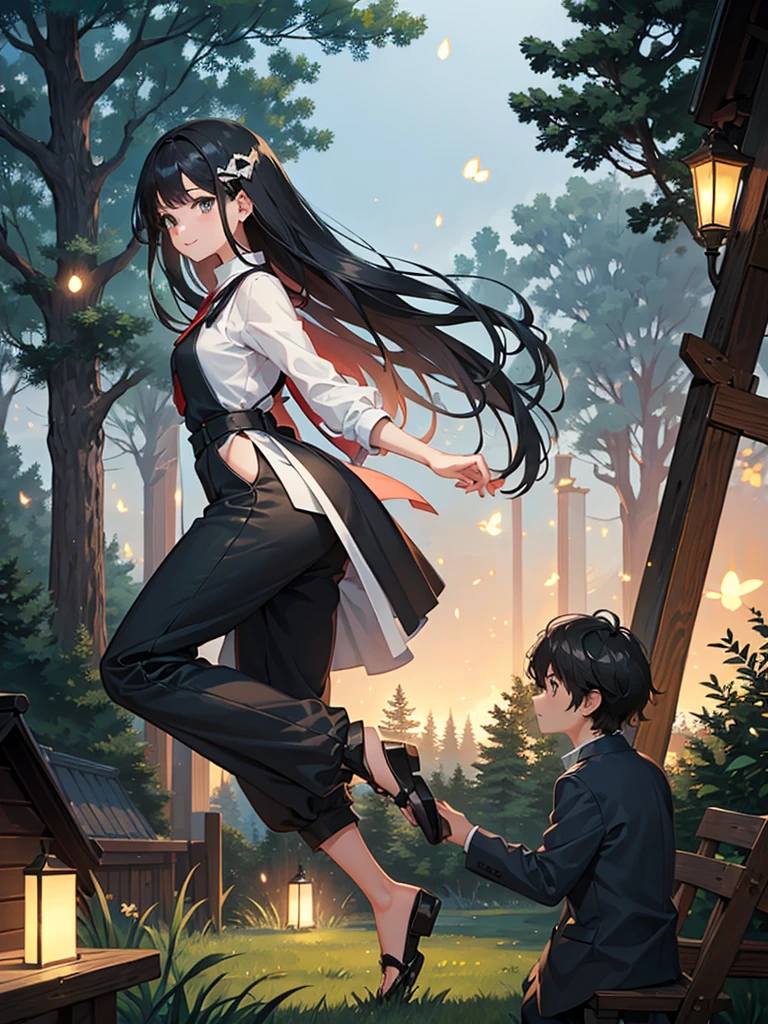Masterpiece level, Great style, The deep love between father and daughter, Shots from high positions, The house is on the left side of the frame, The background is night, dark blue, Starry Sky, Very flexible and creative, Smiling father wearing a white vest and black trousers, Take the girl by the hand, The girl has beautiful black hair., Grass and fireflies cover the bottom of the painting., The tall pine trees on the right form a forest..