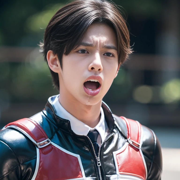 Cool handsome young boy, 18 years old, in Kamen Rider suit, with milky poured over his body, mouth wide open, pained expression