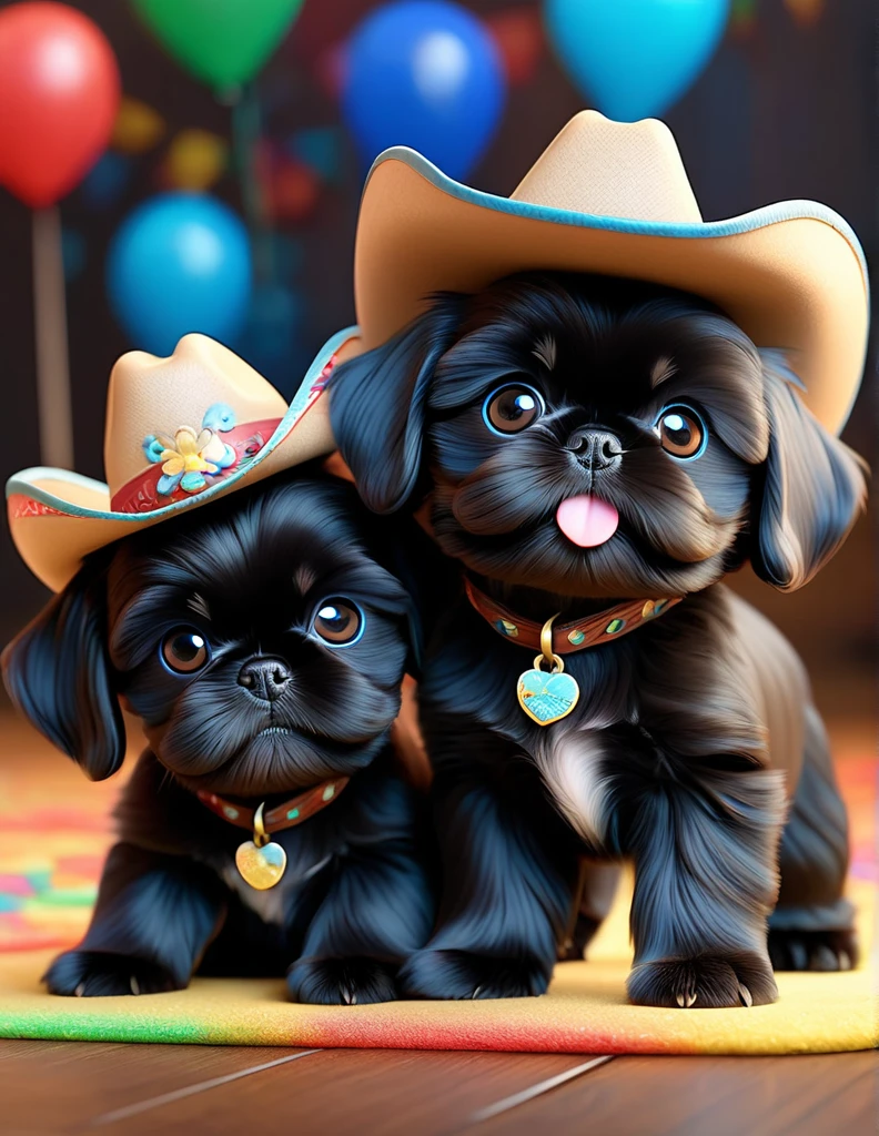 2 adorable black shih tzu puppies, big blue eyes, colorful collars, cowboy hats, dancing, disney dance floor, 3D Pixar style, best quality, 4k, 8k, highres, masterpiece, ultra-detailed, realistic, photorealistic, photo-realistic, studio lighting, vivid colors, extremely detailed eyes and face, longeyelashes, cute, playful