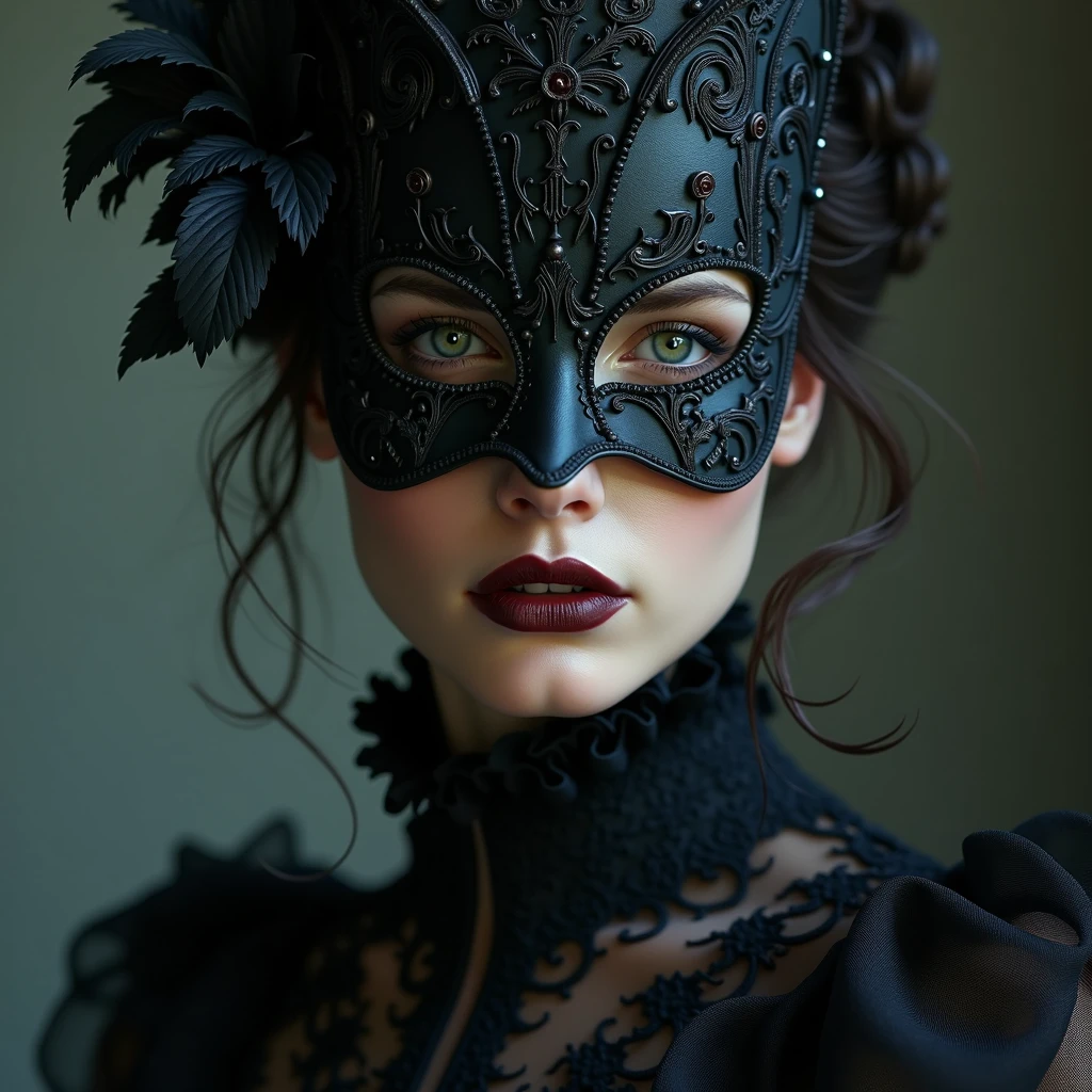 a close up of a person wearing a mask, dreamy gothic girl, elegant render, half body photo, mistress, photoshop render, ebony rococo, elegant girl, female spy, haunting beautiful young woman, super-hero girl, extravagant dress, beauty girl