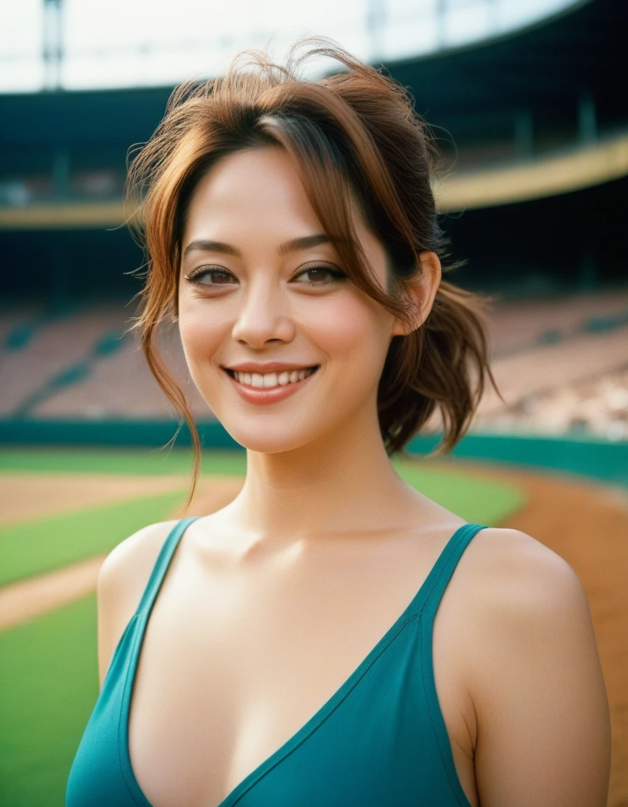 Quite a bit body, Realistic photograph of A gorgeous young asian girl in a Glamorous outfit, beautiful long slender slimmed face Japanese girl, smiling, realistic human texture skinned, still from the film, (solo), ((Marion Cotillard: 0.8)), blended mixed face, ((Anne Hathaway:0.9)),rose gold hair, turquoise eyes, (medium breasts), (petite body), messy hair, ponytail, medium length hair, looking at viewer, baseball uniform, outdoors, stadium, taut clothing, baseball cap, low-angle view, view from behind, back, cowboy shot, baseball pants, (masterpiece, best quality, very aesthetic, ultra detailed), intricate details, beautiful face, detailed eyes, detailed background, light from above, shiny skin, oiled skin, (Leica SL3, Summicron-SL 75 f/8 ASPH, kodak gold 400 film),