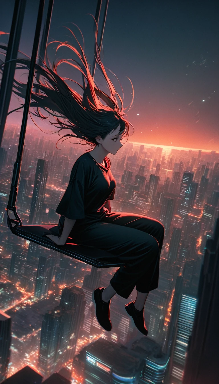 High resolution, Highest quality, high resolution, Super Fine, 16K, Unbelievably absurd, Very detailed, Beautiful woman sitting on a trapeze suspended between two skyscrapers, Gazing into the distance, Wear a loose, long T-shirt, Captivating look, Wind, Wind-effect, moonlit nightscape, (Nice views:1.1) , Clockpunk