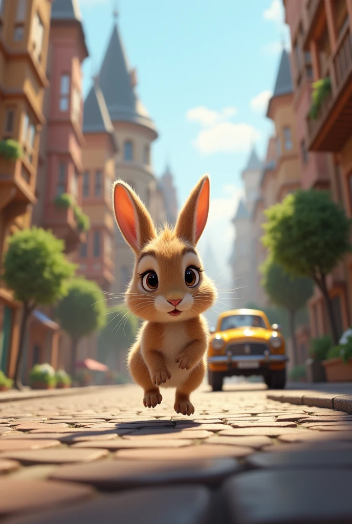 small rabbit is running in beautiful city and car drive