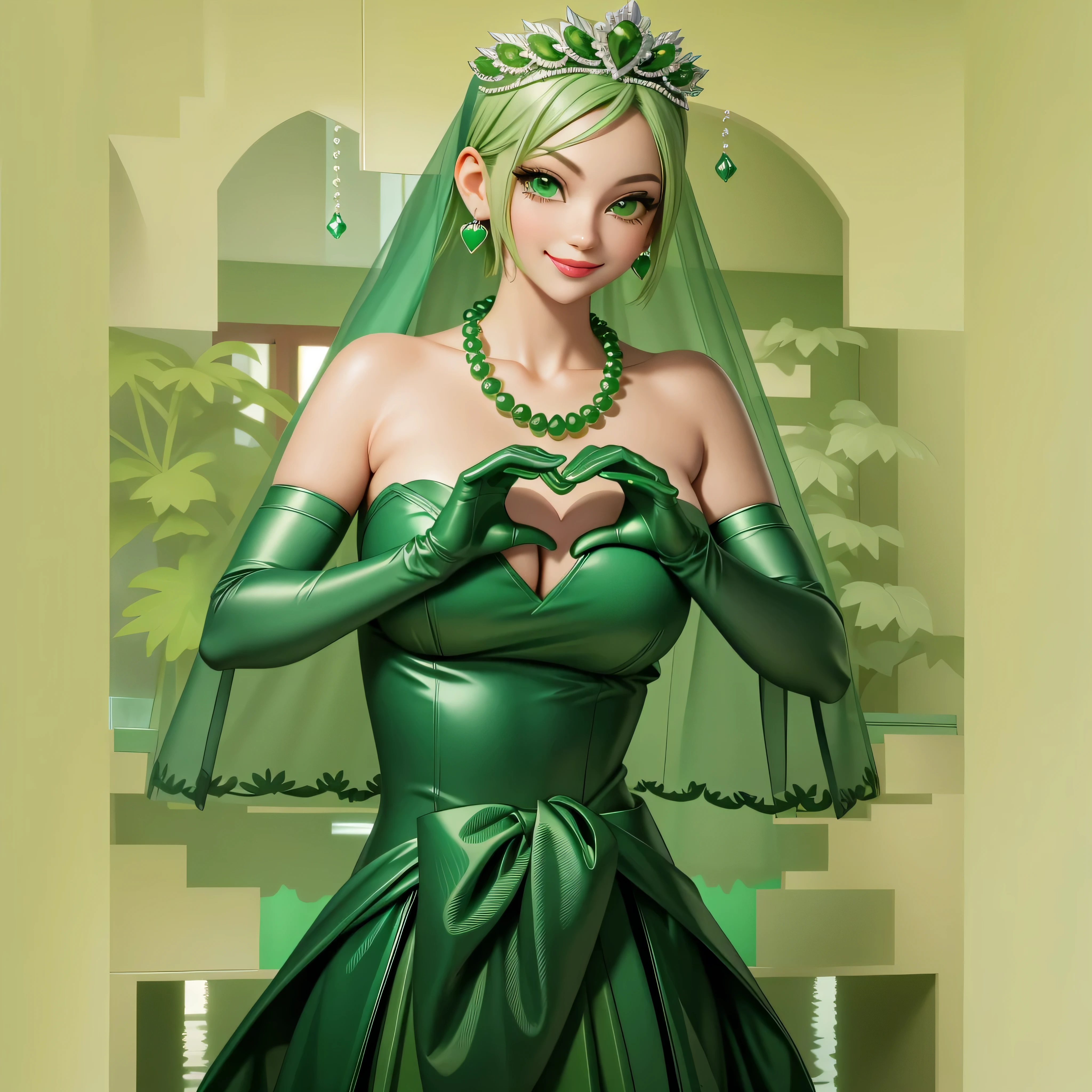 Emerald tiara, Green Pearl Necklace, Boyish very short green hair, Green Lips, Smiling Japanese woman, Very short hair, Busty beautiful lady, Green Eyes, Green satin long gloves, Green Eyes, Emerald Earrings, Green veil, Heart with both hands, Green Hair, Beautiful Japanese Women, Heart shaped hands:1.3, green lip gloss