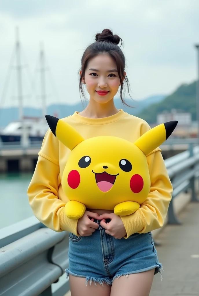 Beautiful woman, asia, korea, 25 years old, Man Bun style, best quality, HDR 8K, short crop t-shirt, yellow, short blue jeans, The position of both hands holds the Pokemon's face on the chest of the large, super round shirt, mocking expression, faint smile, symmetrical body posture, plump and fat, in a relaxed standing pose, funny, harbor landscape, guardrail, sailing boat, balanced lighting, perfect manufacture