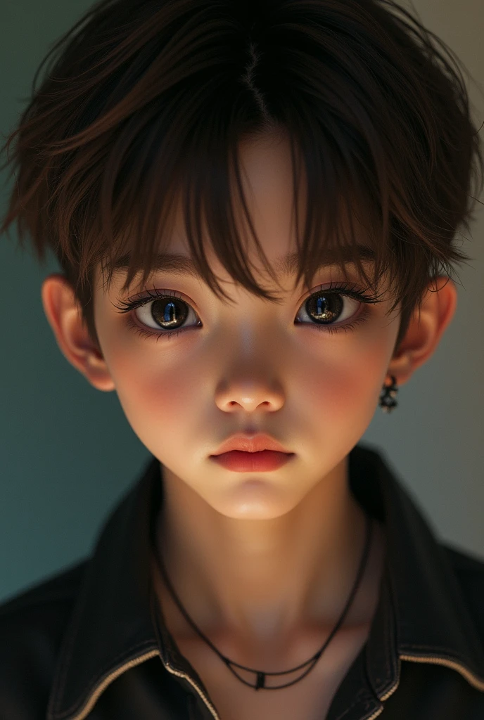 a boy about 9 , have sharp eyes with black eyeballs, brown hair, skin color that is not too white but not too dark. face similar to jay enhypen