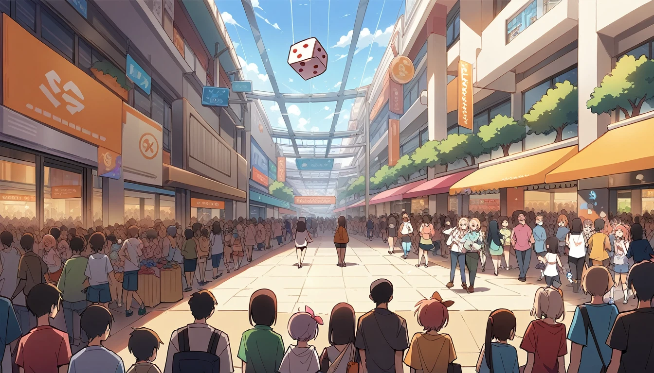 masterpiece, best quality,  (dice:1.4), many people, open plaza, shopping mall, summer