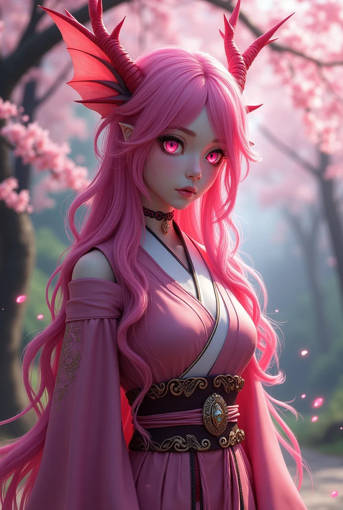 Half dragon and human adorable dominant pink hair formal robe pink eyes Japanese spring scenery