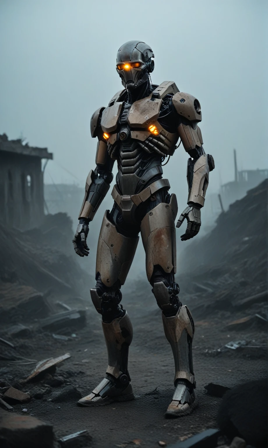 score_9, score_8_up, score_7_up, score_6_up, score_5_up, score_4_up, realistic style, photo, photorealistic, high detail, (sharp), BRAKE, man, (cyborg), mechanical head, mechanical body, mechanical arms, mechanical legs, BRAKE, stands on the rubble of a destroyed city, looks at the viewer, (post-apocalyptic landscape), dark atmosphere, dark lighting, low light, cinematic, photo from a movie, g