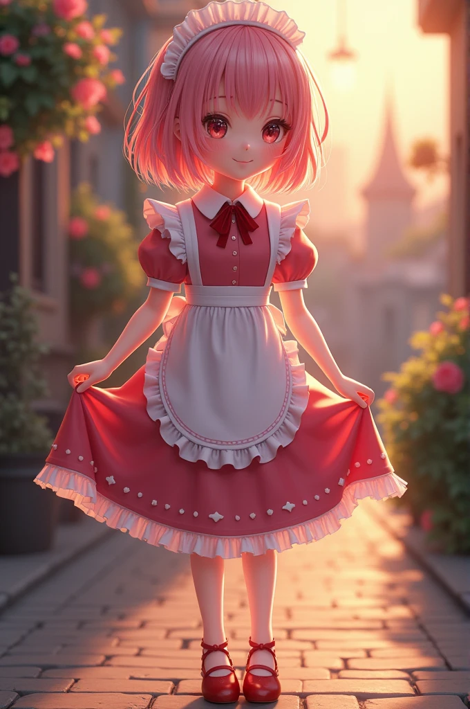 Top image quality、RAW photography、超A high resolution,best image quality、RAW photo、ultra high resolution,elegant、(masterpiece:1.2, highest quality), (realistic, photorealistic:1.4), beautiful illustrations, (natural side lighting, movie lighting),  ((detailed maid outfit:1.5))
looking at the viewer,Front view, 1 girl, 6 years old, perfect face, Cute symmetrical face, shiny skin, 
(pink hair), long eyelashes, thin, beautiful thighs, beautiful hair, beautiful face, fine and beautiful eyes,  beautiful body, beautiful breasts, beautiful thighs, beautiful feet, beautiful fingers, 
((fine fabric texture)), 
(beautiful scenery), evening, Are standing, (smile),  (((dress lift, pink Panties and stockings are visible, red high heels)))