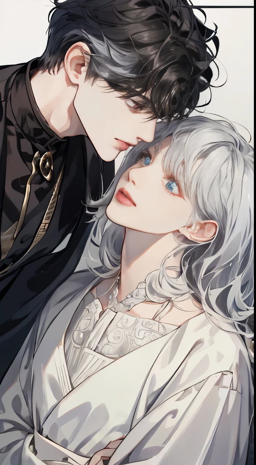 (extreamly delicate and beautiful:1.2), 8K, (tmasterpiece, best:1.0), Two male, One female, Upper body body, black-haired, silver hair, red dark hair, love triangle, 2 male 1 female - love triangle