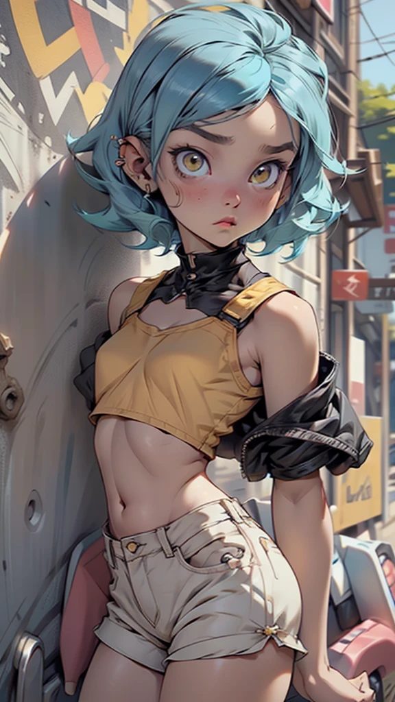 masterpiece, beautiful, 4k, detailed, intricate details, , , overalls, jean overalls, cuffed overall, long ponytail turquoise hair, ((??turquoise hair)), (((red eyes)), smile, slight smile, 1boy, young delicate prince, shirtless, overalls over skin, bare shoulders, bare sleeves, bare arms, facing forward, side cut, torso shown, leaning forward, flat chest,(nsfw:0.55), ((flat chested, flat stomach, baby face)), (intense colors)