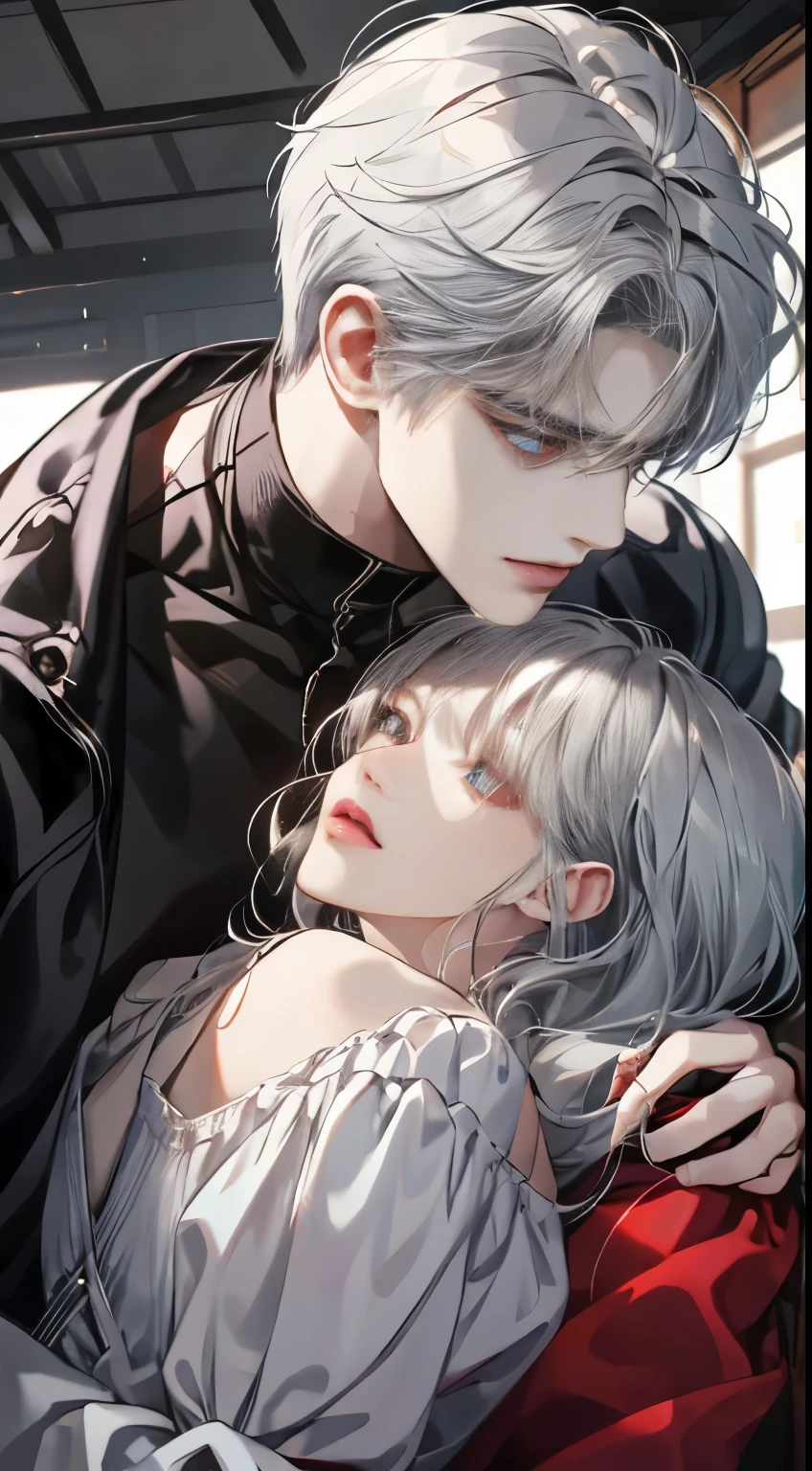(extreamly delicate and beautiful:1.2), 8K, (tmasterpiece, best:1.0), Two male, One female, Upper body body, black-haired, silver hair, red dark hair, love triangle, 2 male 1 female - love triangle