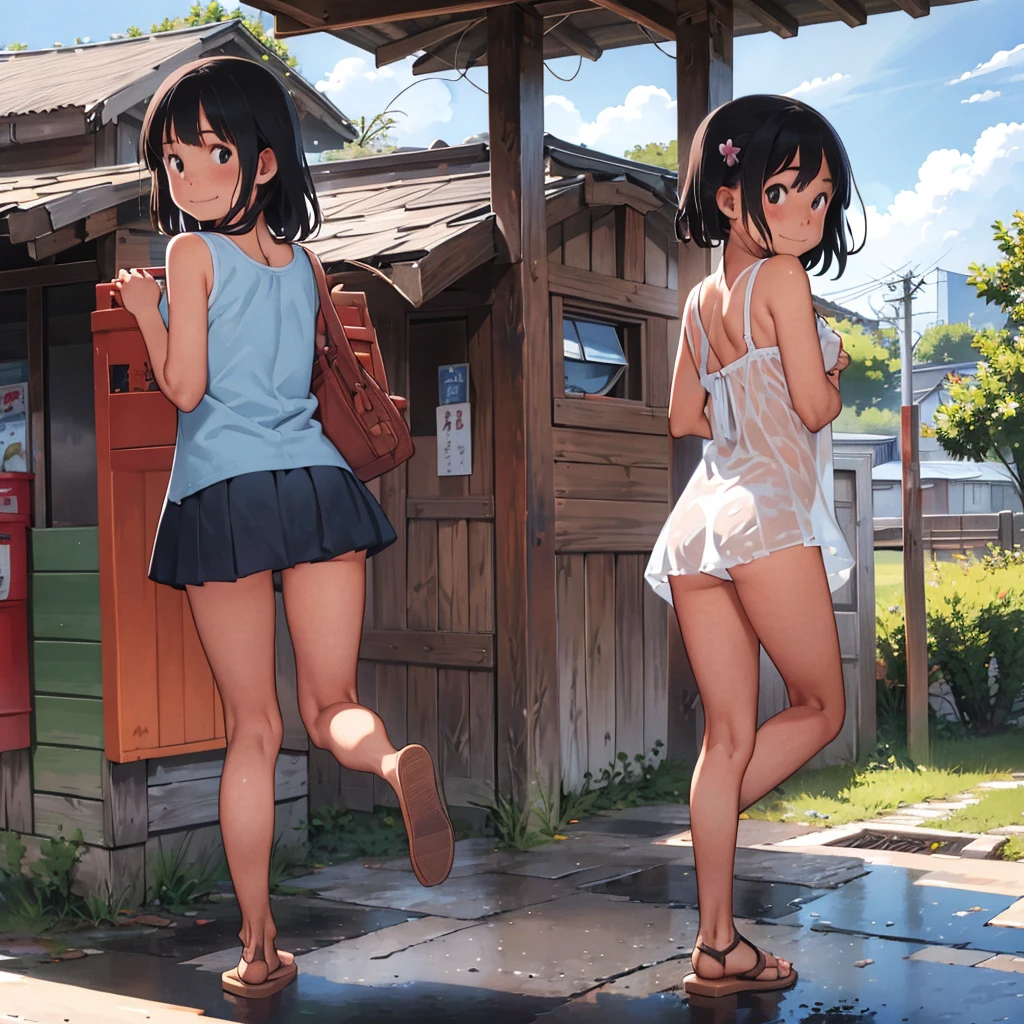 ２People Girl、12-year-old girl、Healthy girl、Strong sunlight、Summer sun、cumulonimbus、Blue sky、Japanese countryside、Old shops、(Smiling shyly)、Slender、small breast、cleavage、Sandals、Straw hat、Super cute、Clear skin、Sparkling Eyes、School Swimsuit、Detailed face、Detailed Hair、detail eyes, (fullbody shot), back view, back shot, looking back at viewer, (booty pose), Shoulder Bare、Small ribbons in the hair、(spread legs)、(Wet clothes、Transparent clothing)