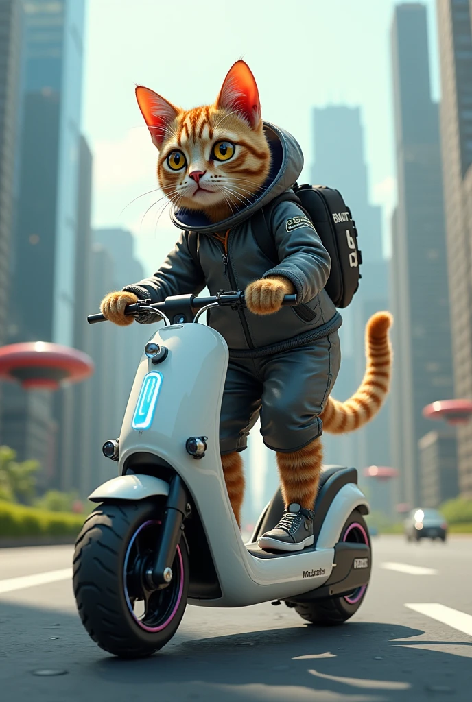 Cat driving a electric scooty 
