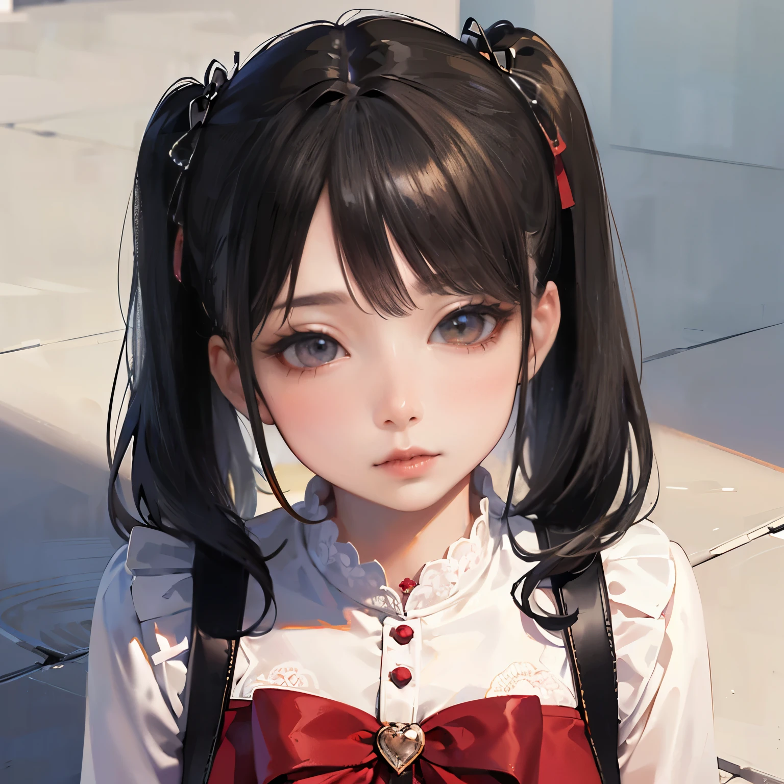 (8k, RAW Photos, Very delicate and beautiful, Ultra-high resolution, Highest quality, masterpiece: 1.2), (Real、Photorealistic: 1.4), (Highly detailed 8K wallpapers, 3d), Cute girl like a doll, highly detailed dress, Gothic, Lolita, Big red ribbon, Twin tails, Blunt bangs, Highly detailed glossy black hair, Transparent white skin, Pink Cheeks, large, round eyes, Droopy eyes, Tear bags, Long eyelashes, Thin lips, slightly raised corners of the mouth, round face, From above, Looking at the camera, The best light, Perfect composition,