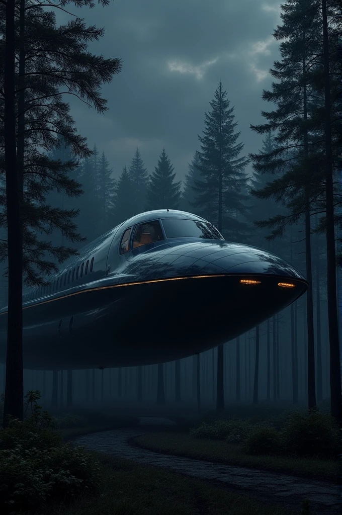 Big black colour aeroplane shaped mansion in the middle of the forest at night 
