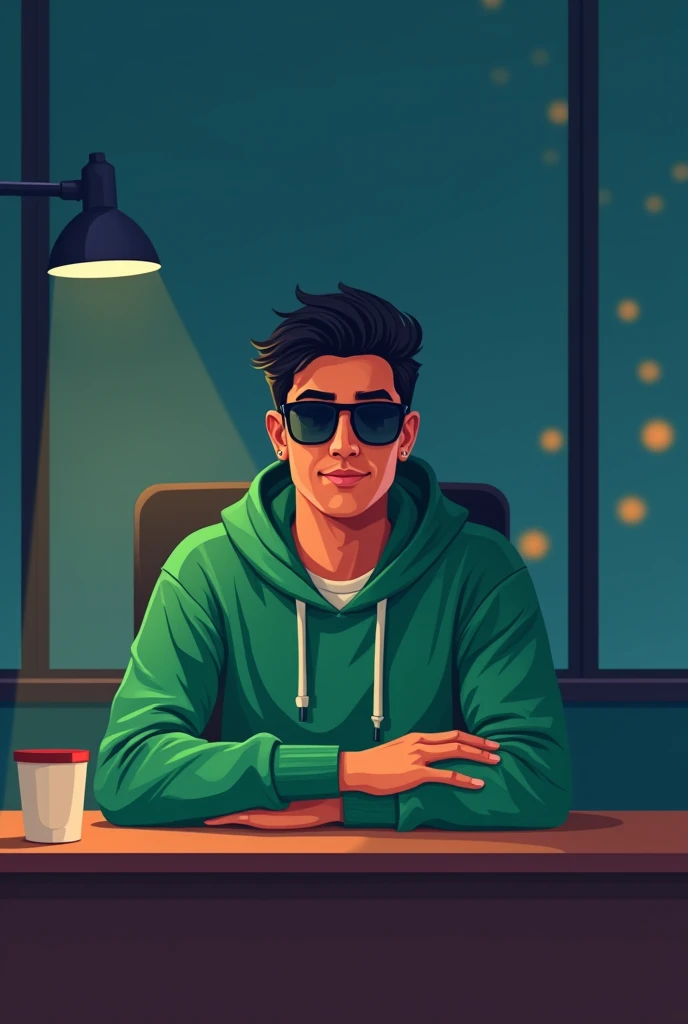 ANIME FRIENDLY LOOKING INDIAN MALE OF 20 TO 25 YEARS BUSINESS CHARACTER, A GREEN HOODIE AND SUNGLASSES. HE IS SITTING BEHIND HIS LAPTOP IN HIS OFFICE, ARMS ON HIS DESK. IT IS NIGHT. THE ROOM HAS VOLUMETRIC LIGHTING. HE IS FRONT FACING TO THE CAMERA, LOOKING STRAICHT AND CENTERED, CENTRAL PORTRAIT, SITTING STRAIGHT, FRONT VIEW, CENTERED LOOKING STRAIGHT. THE OVERALL AMBIANCE OF THE IMAGE SHOULD CONVEY A CONNECTION TO MINIMALISM, FLAT ILLUSTRATION, BOLD LINE, MINIMALISM, SIMPLIFIED, GOUACHE ILLUSTRATION. 8K RESOLUTION