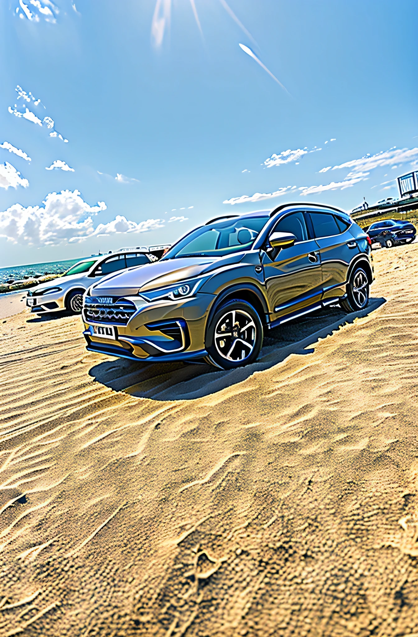 Dark blue car parked on the beach,, Car panorama, Haval F7, Cheng Man Kit, Facing forward, Nine thousand, 9k, Standing near the beach, Front, 3/4 Front view, 🤬 🤮 💕 🎀, Front view, qiangshu, nanquan, 6,000