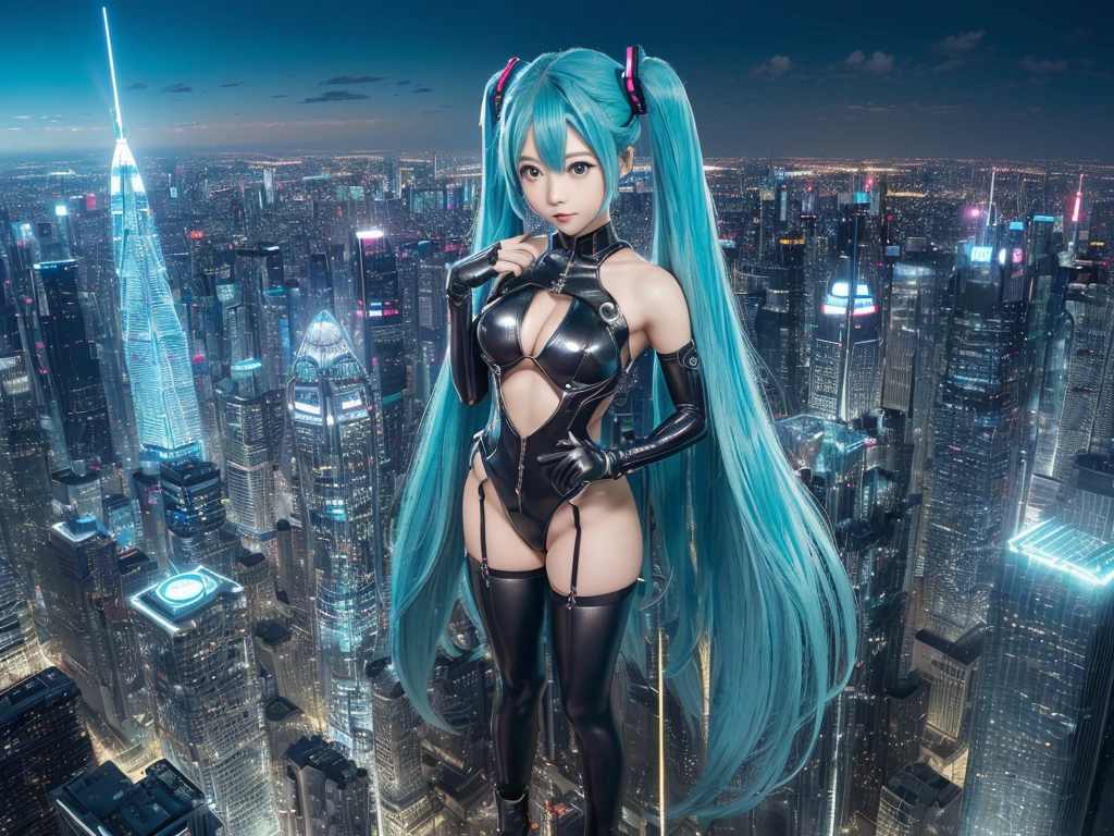 ((Description of Super Giant、8k、Realistic、Hatsune Miku、Cosplay、Japanese women、Cosplayイヤー、Large Breasts、Highly detailed depiction of the giant、Much larger than a skyscraper、very small metropolis, Miniature metropolis, 足元までの高さしかないMiniature metropolisで、Full body description、Walking from afar、top view))、((Ultra HD、Hatsune Mikuが10 people分身する、one girl clones、Highly detailed avatar art、Hatsune Mikuがたくさん、Hatsune Mikuのクローン増殖、10 people、Widely Scattered))