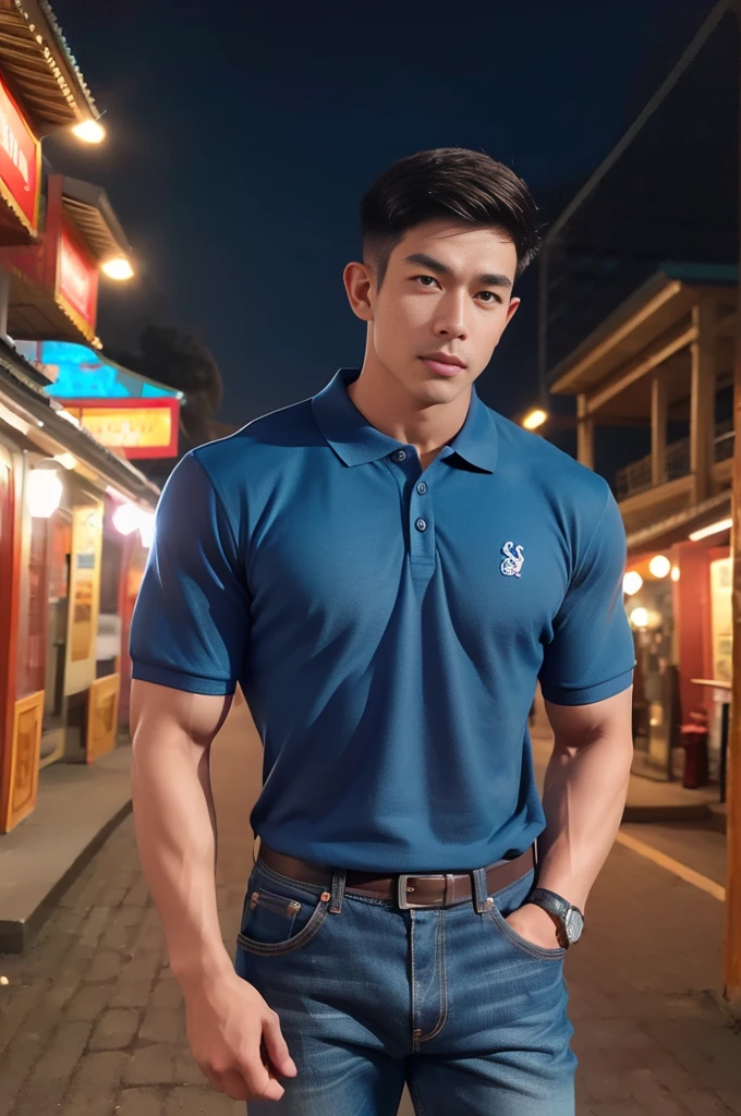 (armface:1.3) , Handsome young man standing, (have a mustache:0.8) , (short hair:1.2), The forearms are muscular., (Blue polo shirt:1.2), Jeans, Big muscles, Handsome and muscular, full body angle, (Festivals, temple fairs in Thailand:1.1),  (nighttime:1.3), Neon lights 