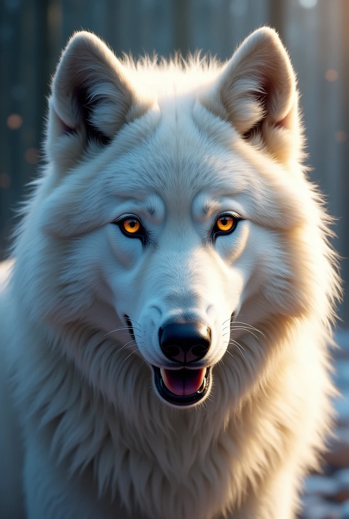 eyes, Siberian Wolf, furry, smile, neutral, White loincloth, dynamic lighting, illustration, beautiful, particle (high quality, 4k, 8k, High resolution, masterpiece: 1.2), extremely detailed, Impressionism: rich and colorful.