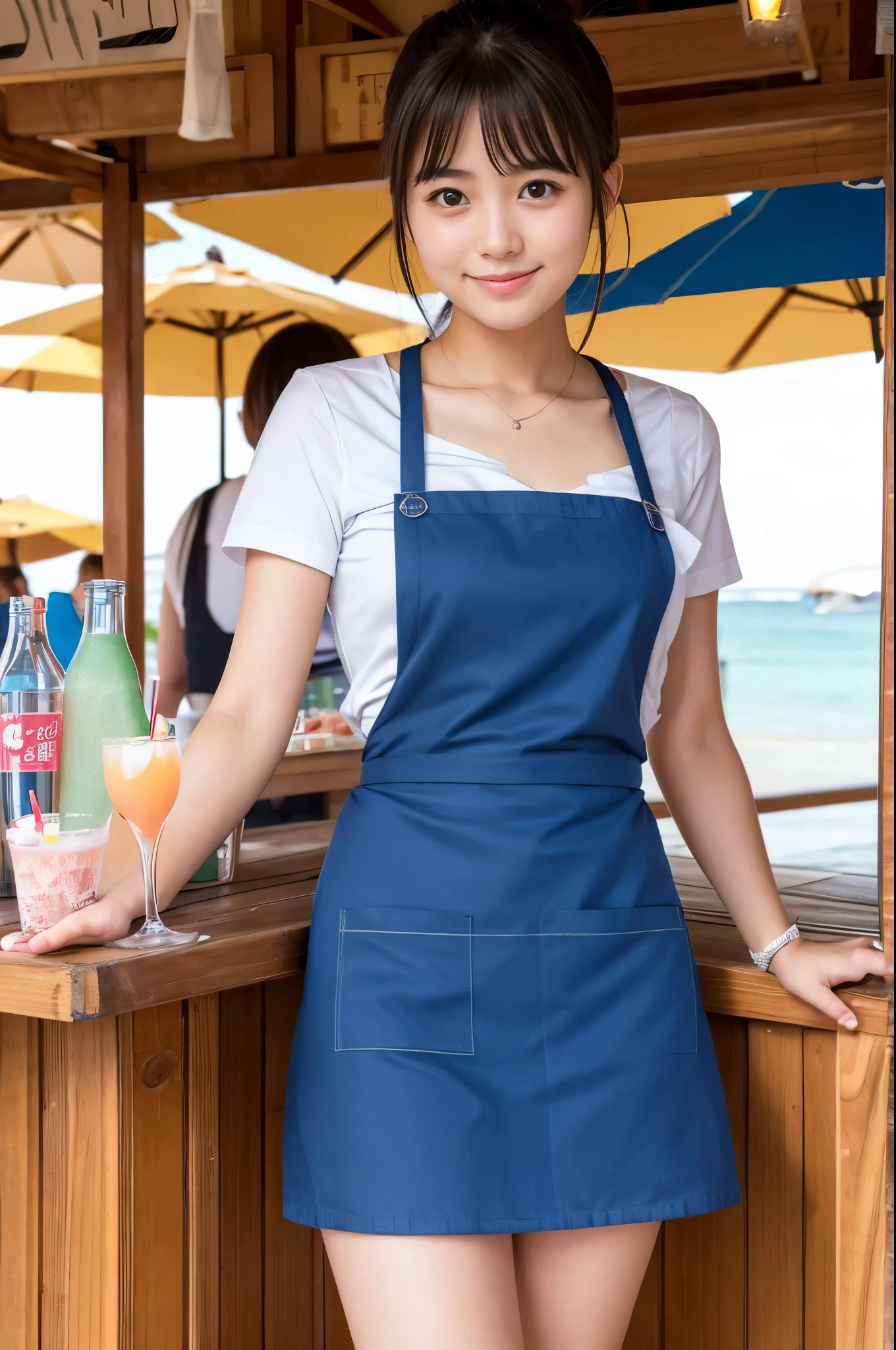 21 years old girl (Japanese cute face) is wearing apron, mini skirt and has fluits drink at the beach bar