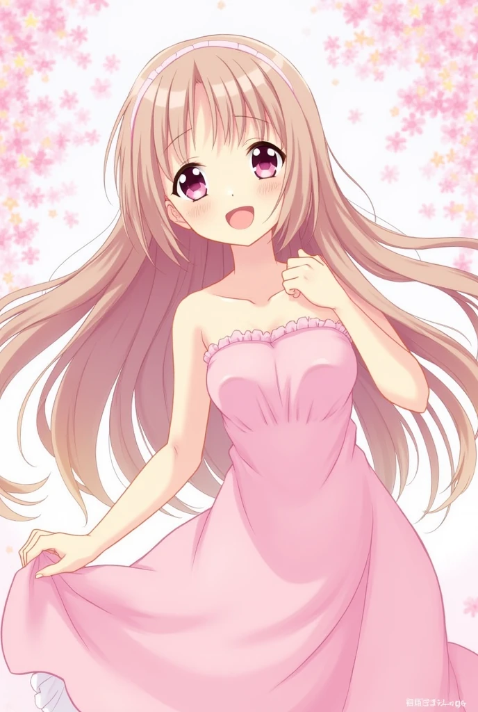 Smiling anime girl, long flowing hair, pink dress, cherry blossom background, soft pastel colors.