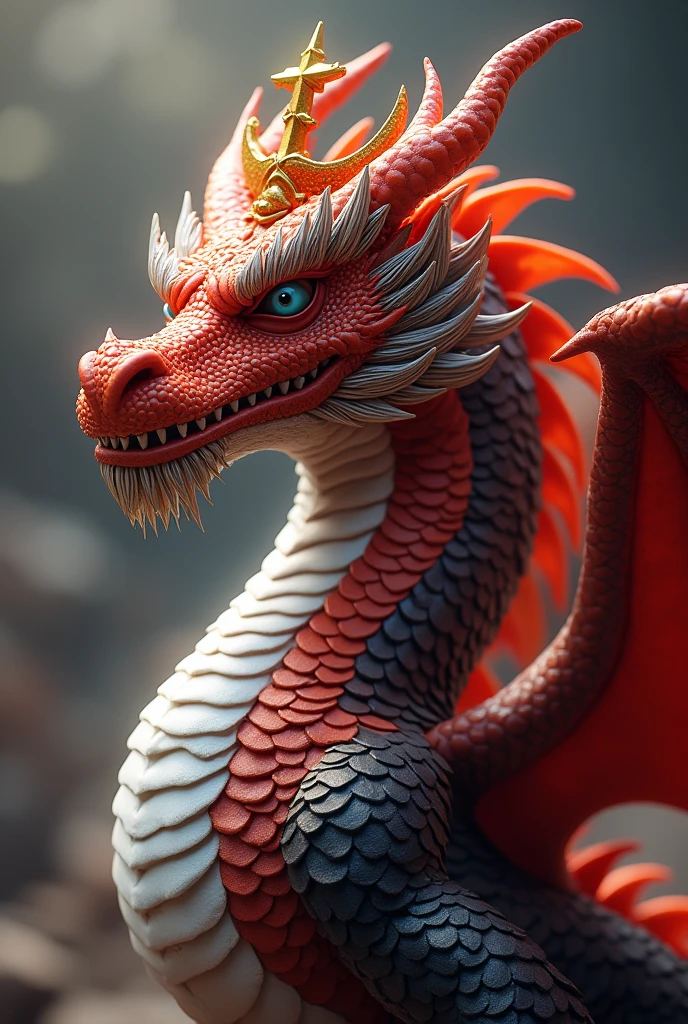 A tricolor dragon (rot, black andwhite) who has a crown with three golden stars on his head, he has a great presence. Imagem 8k Full HD realista com degradê