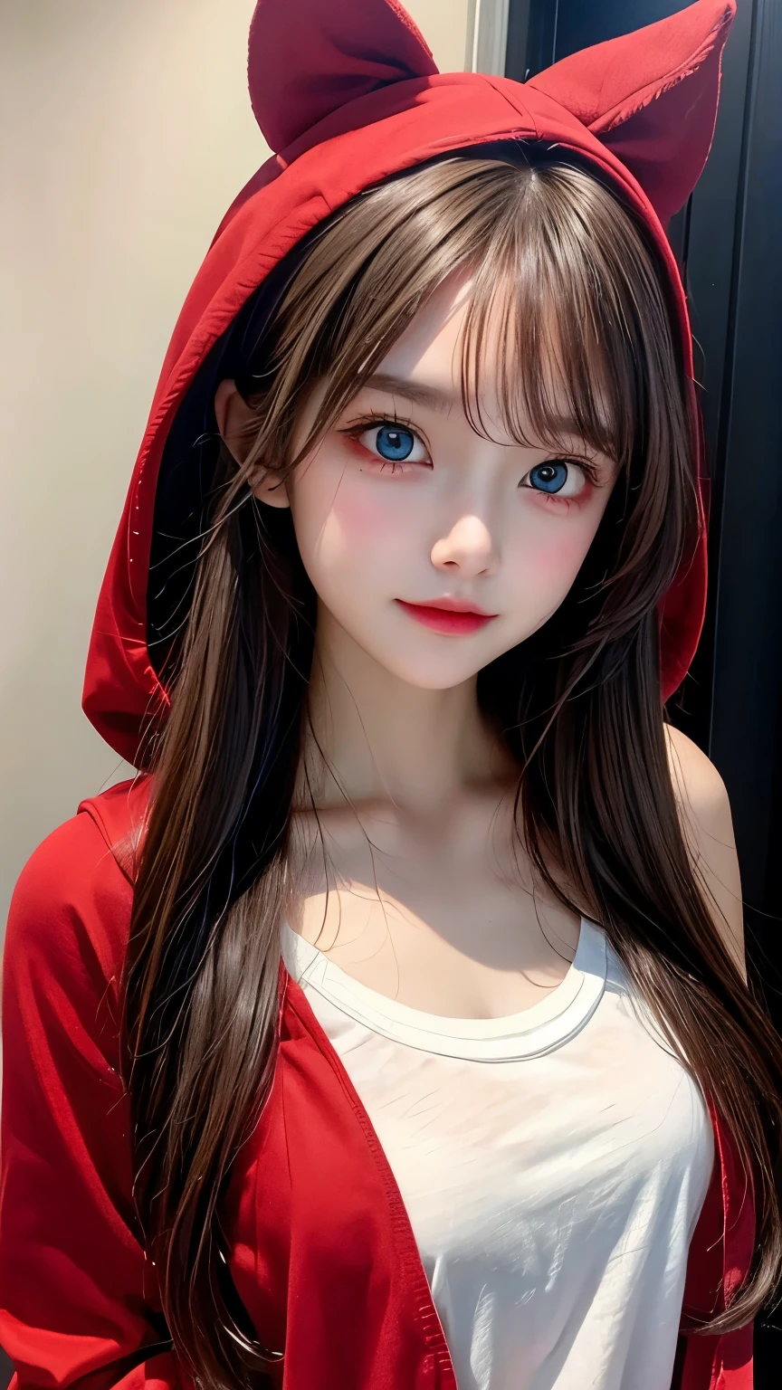 One girl, perfect face, cute staring, teenage girl body, brown hair , half body , wearing a red riding hood, blue cute eyes, black eye patch on the right side, , cute face,