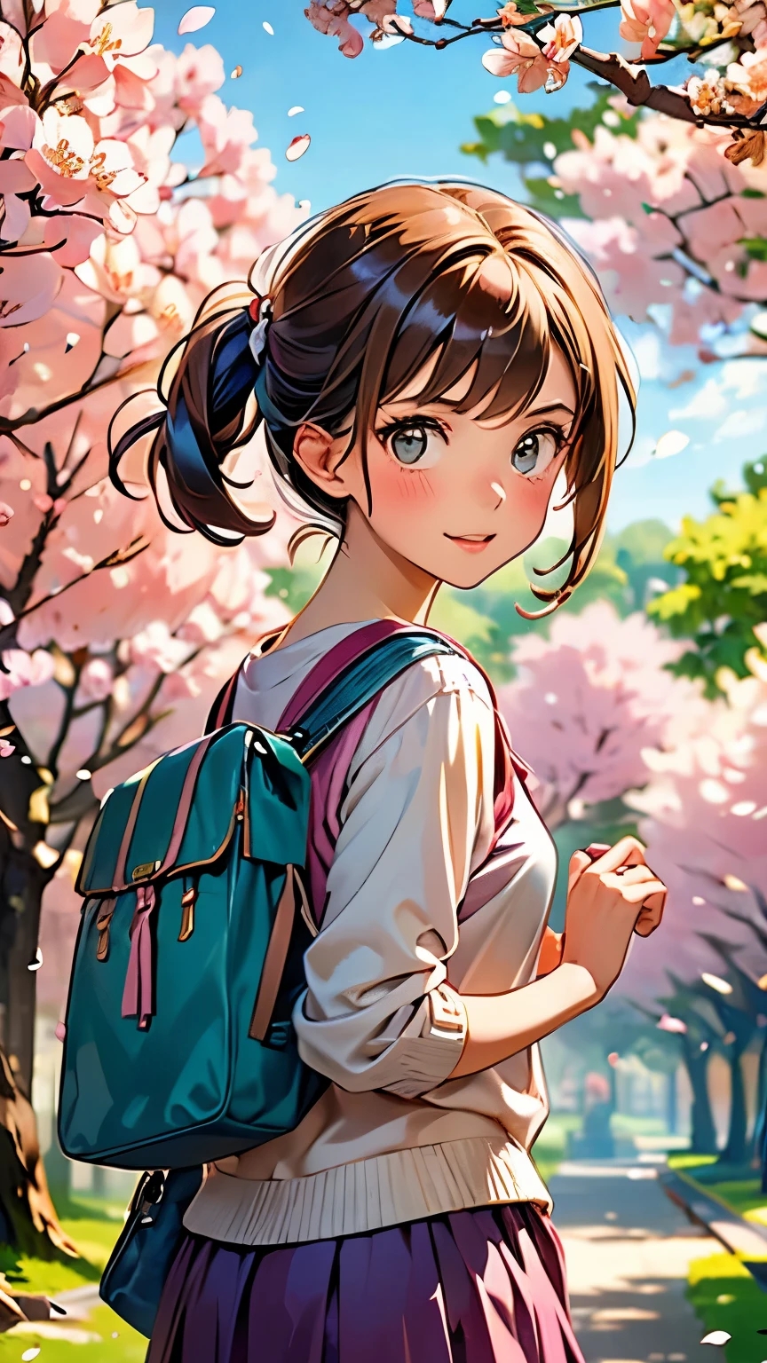 girl with a school bag turns around and looks at me in the row of cherry blossom trees, her skirt rides up, she has an embarrassed look on her face, she pulls up her skirt, her skirt flips up, dynamic