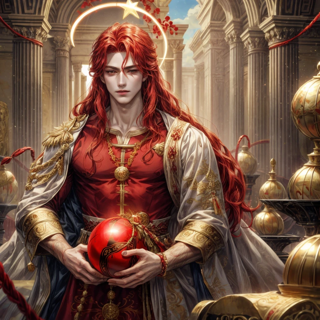 A man with red long hair and gold eyes, wear an ancient clothes and have a red string, wear a halo, holding a star ball