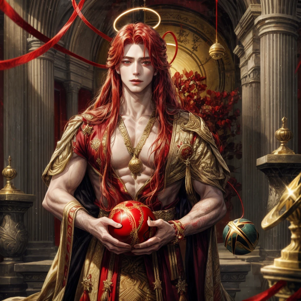 A man with red long hair and gold eyes, wear an ancient clothes and have a red string, wear a halo, holding a star ball