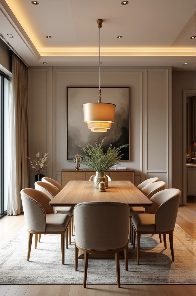 Professional 3d architecture rendering design of modern and French design for living room and dining room with elegant and chic wooden and gold dining table and eight French chairs