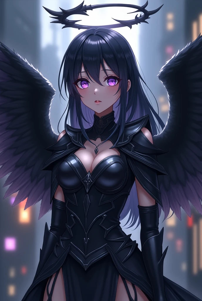 4K anime style quality, digital drawing mode, dark fantasy-themed anime female character, sharp dark hair with silver highlights, haunting purple eyes, wearing a angelic armor with dark feathers, holding a broken halo, Blur the background to create a three-dimensional effect, atmosphere, standing in a gothic city with dim lights, radiant skin, flowing hair, glossy lips, sorrowful eyes, full body, dynamic pose, life size, perfect anatomy, detailed skin texture, full HD, 4K, HDR, perfect anatomy, depth of field.