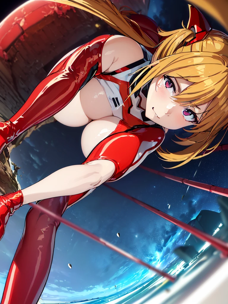 ((Soryu Asuka Langley,headgear,Red latex suit:1.2,blonde,Long twin tails)),(光るeye:1.233), (Frowning,Tsundere,blush,adorable face,beautiful girl,cute,)(Beautiful and detailed eyes:1.3),One girl,alone,(masterpiece,Highest quality, Official Art,Target your audience, Beautiful and aesthetic:1.2),(Ultra-high resolution,Golden Ratio),(Photo Mapping, Physically Based Rendering,Auto White Balance),wonderful,Sharp focus, (((Skin with attention to detail,)))、涙eye,(masterpieceサイドライト),(Big Breasts,Beautiful girl,shine),[[Delicate fingers and hands:0.55]::0.85],(指のdetailed),((((break,Design an image with a fisheye lens effect, Capture a distinctive wide field of view, Curved perspective.break,)))Excellent photo quality,((very_detailed_eye_and_face)),(Disheveled Hair),Movie Girl,Bare breasts、Nipples are visible