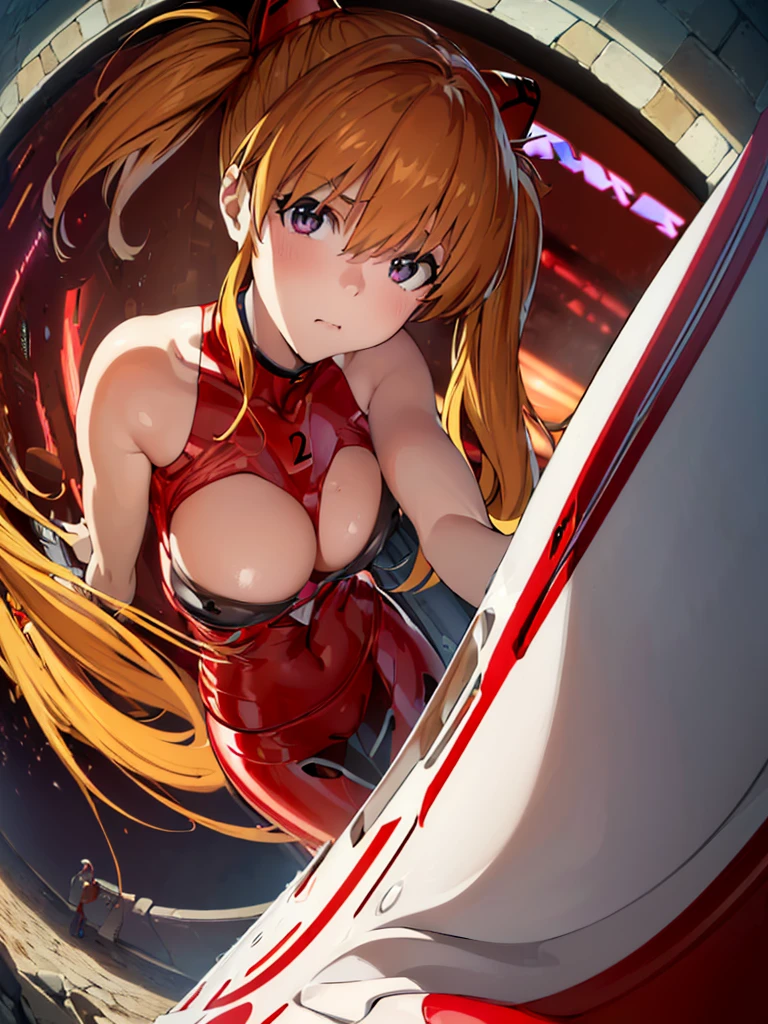 ((Soryu Asuka Langley,headgear,Red latex suit:1.2,blonde,Long twin tails)),(光るeye:1.233), (Frowning,Tsundere,blush,adorable face,beautiful girl,cute,)(Beautiful and detailed eyes:1.3),One girl,alone,(masterpiece,Highest quality, Official Art,Target your audience, Beautiful and aesthetic:1.2),(Ultra-high resolution,Golden Ratio),(Photo Mapping, Physically Based Rendering,Auto White Balance),wonderful,Sharp focus, (((Skin with attention to detail,)))、涙eye,(masterpieceサイドライト),(Big Breasts,Beautiful girl,shine),[[Delicate fingers and hands:0.55]::0.85],(指のdetailed),((((break,Design an image with a fisheye lens effect, Capture a distinctive wide field of view, Curved perspective.break,)))Excellent photo quality,((very_detailed_eye_and_face)),(Disheveled Hair),Movie Girl,Bare breasts、Nipples are visible