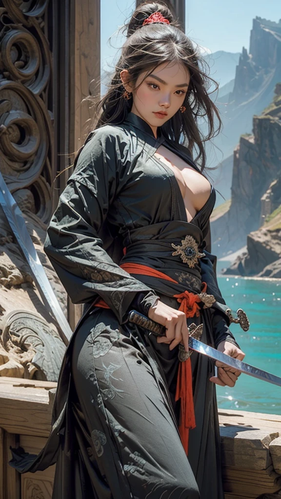 On the mountain coast,A beautiful dragon girl,long hair shawl,Big breasts,Wearing Immortal Clothes,Sword,Perform sword dance alone