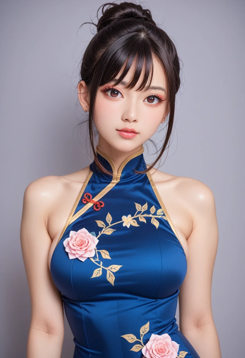score_9,score_8_up,score_7_up,(pastel-color),(high brightness colors),1 girl,solo,(8k, masterpiece, ultra-detailed, best quality, ultra high res, newest, very aesthetic, absurdres, illustration, perfect composition),(hires),looking at viewer,black hair,shiny skin,fair skin,(upper body:1.5),Cute 20-year-old Japanese girl, cosplaying in a sexy cheongsam, curvy body, beautiful night city background