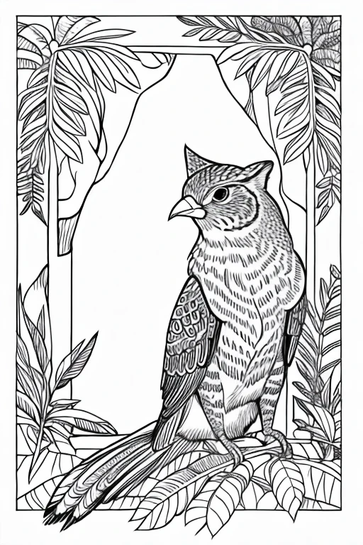 coloring pages for adults, bold lines, dark lines, rainforest, trees, birds, animals, mandala, white background, clean line art, fine line art, fantasy, picturesque scenes,