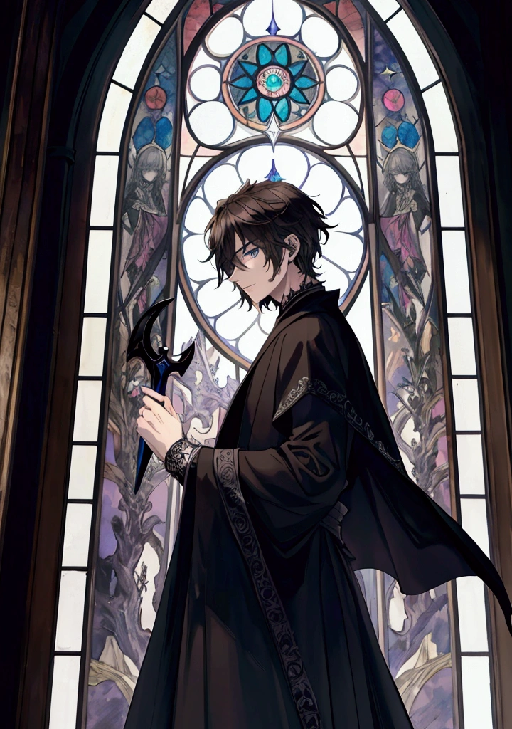 (Masterpiece), ((Highest Quality)),(Official Art), Dark evil:1.2),(1 solo male anime man: 1.3), A dark priest, straight dark brown hair, blue eyes, olive skin, black cassock, black priest robe, punishment collar, holy cross, weapon stakes, church, stained glass, 20 years old, dark lighting, holy night, gothic background. Detailed drawing. Detailed eyes. Arthur Rackham style. Colorful, best detailed ((super detailed)), (highly detailed 2D anime man illustration), ((dark and beautiful))  