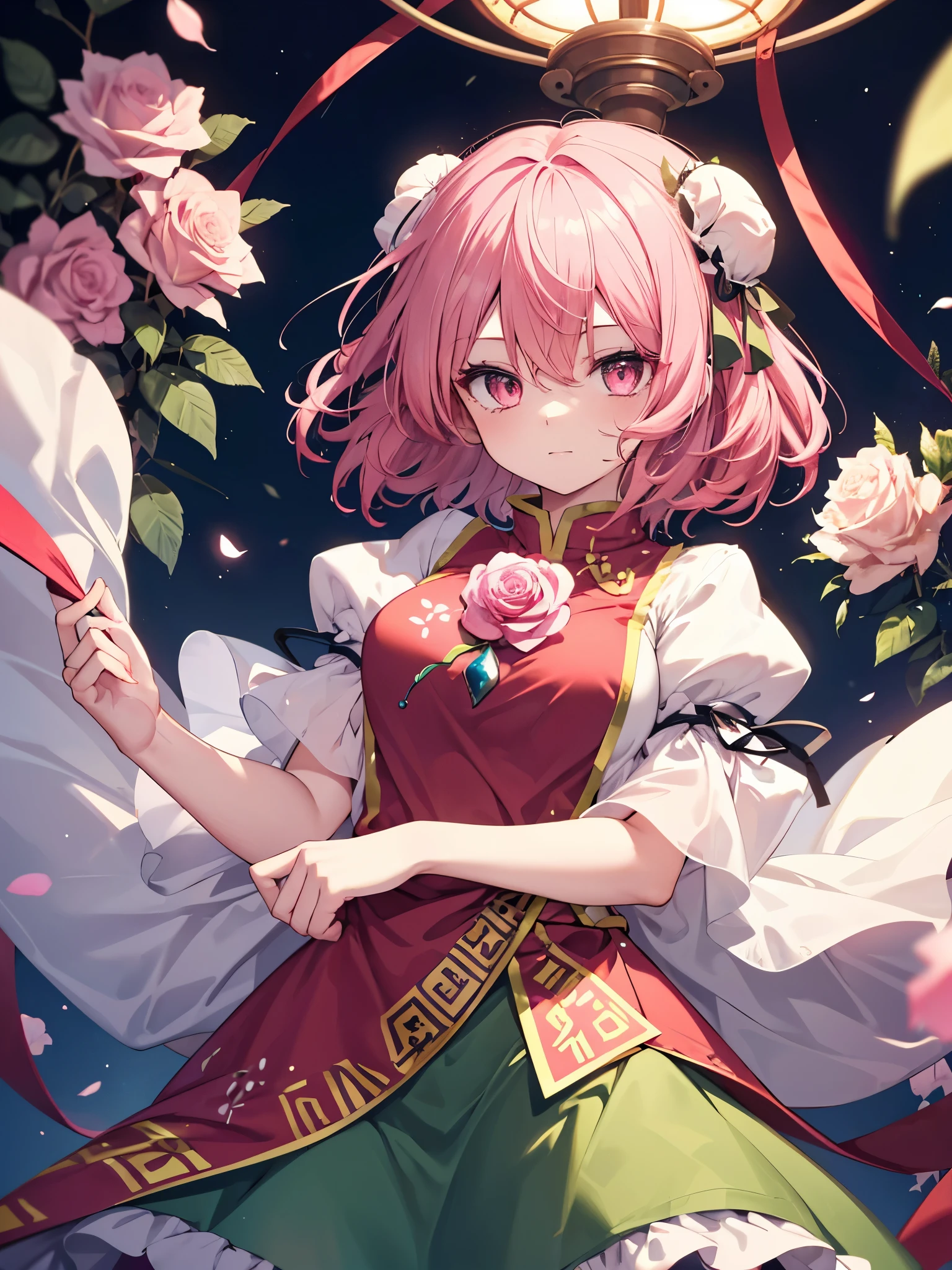 1girl, {{{ibaraki_kasen_(touhou)}}}, jewelry pink_eyes, glossy eyes, pink_short_hair, two white chignons on the head, red_tabard, pink rose, green skirt